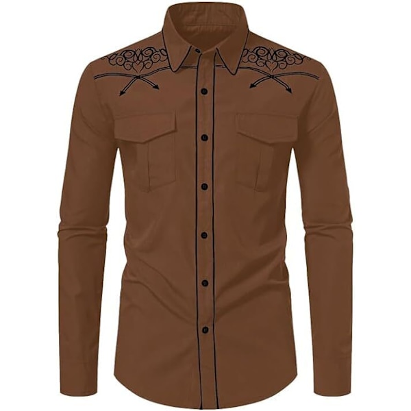 Miesten rento pitkähihainen napitettu paita, jossa on brodeeraus Brown 1 XL