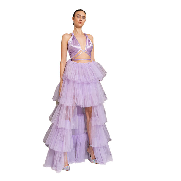 Kvinnors Högmidjade Hög-Låg Lager Tulle Golvlång Kjol purple XL
