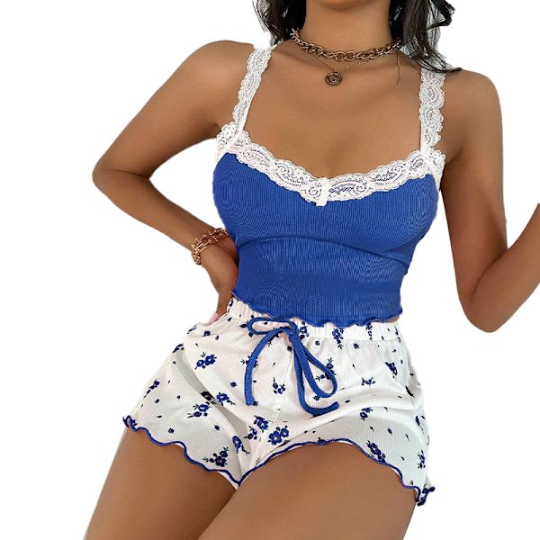Dam pyjamas set nattkläder 2 delar cami shorts set V-ringad pyjamasshorts set spets nattkläder blue XL