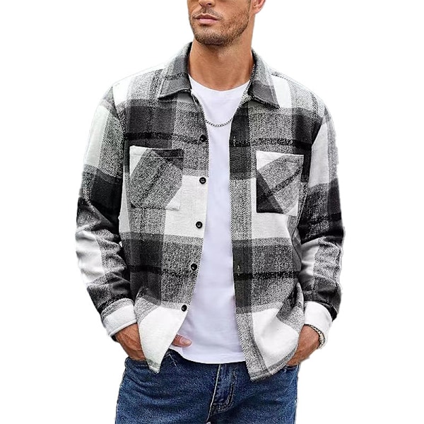 Mænds Flannelskjorte Casual Knapløs Plaid Skjortejakke black S