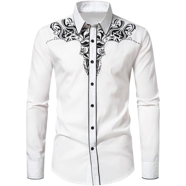 Herr Casual Button Down långärmade broderade skjortor White 2 XL
