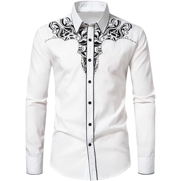 Miesten rento pitkähihainen napitettu paita, jossa on brodeeraus White 2 XL
