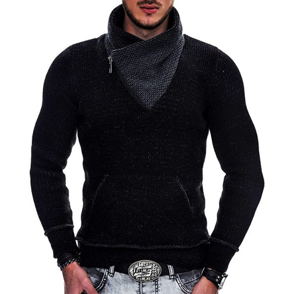 Stickade tröjor med turtleneck för män Slim Fit-tröja med fickor Black 2XL