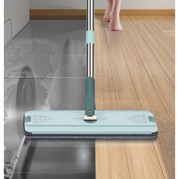 Platt Squeegee-Mopp med Hink, Händerfri Urvridning, Golvrengöringsmopp med 2 Dukar