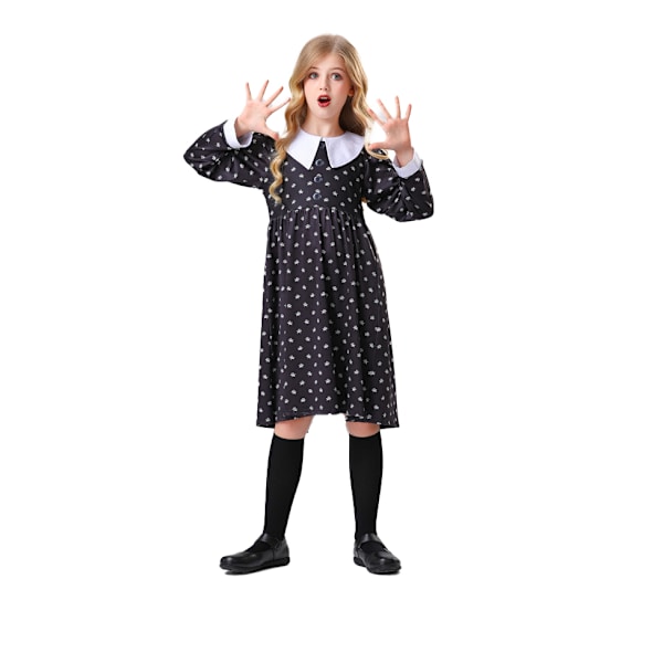 Pige Kjole Sort Blomstermønster Langærmet med Hvid Krave Kostume Cosplay Outfit 120cm