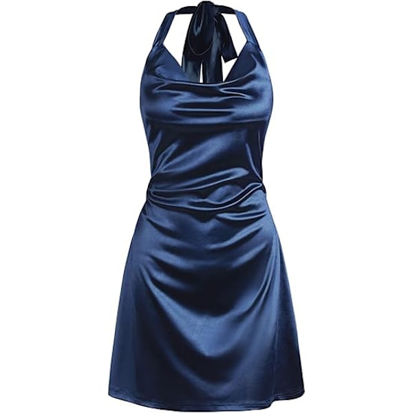 Kvinners Halterneck Satin Minikjole Sexy Silkekjole Navy blue M