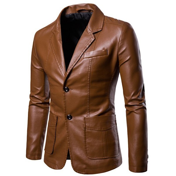 Läder Blazer För Män, PU Lammskin Casual Herr Läderjacka Rockar yellow XL