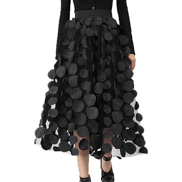 Tullkjol Kvinna 3D Polka Dot Elastisk Midja Mesh Midi Kjolar black