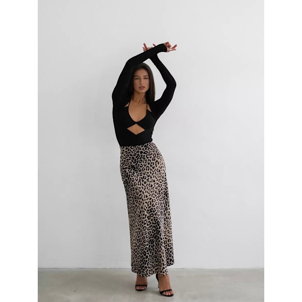 Sateng skjørt med leopardmønster, høy midje, elastisk midje, lang skjørt beige M