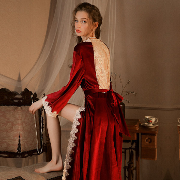 Fløjlslang Brudekjole Natkjole Sexy Udsnit Blonder Badekåbe red XL