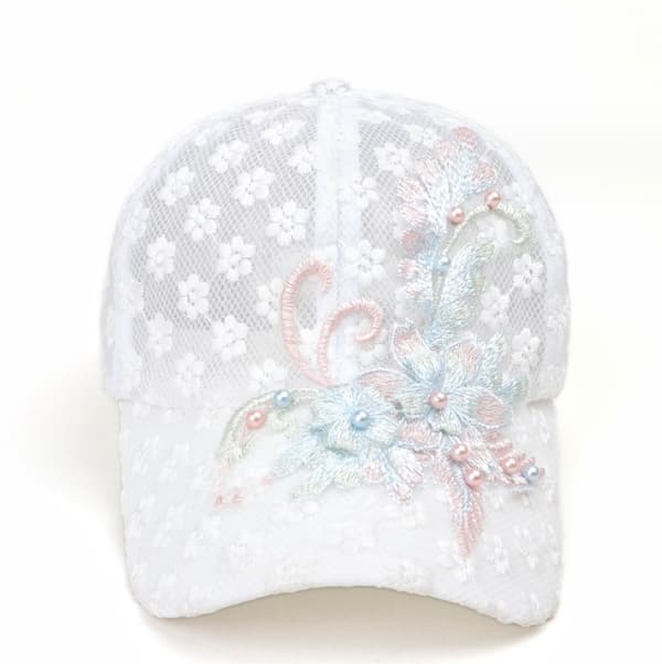 Broderet Blomst Mesh Hat til Kvinder - Moderigtig Justerbar Baseball Cap White