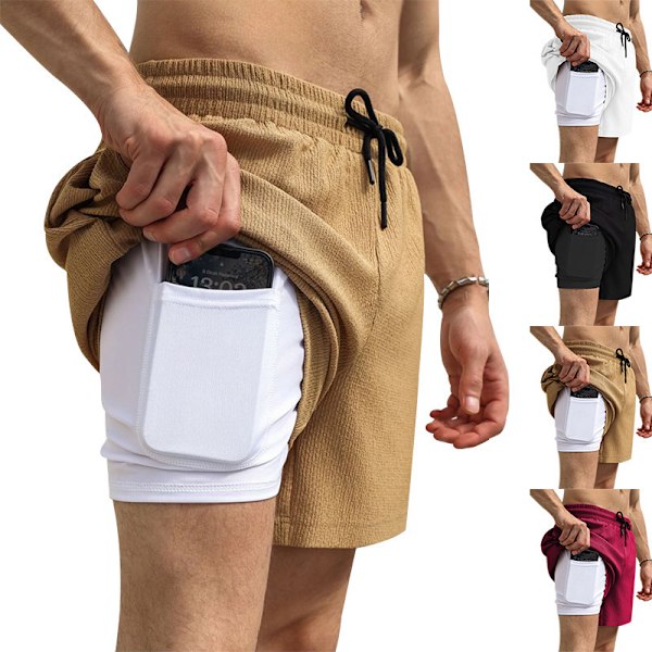 Herr 2 i 1 löparshorts sport shorts med foder white XL