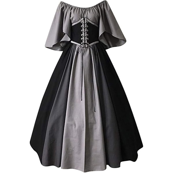 Naisten viktoriaaninen mekko, levenevät hihat, avoin olkapää, keskiaikaiset vintage-mekot grey L
