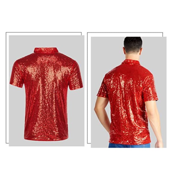 Herr glänsande paljetter kortärmad nedfälld gnistrande polo T-shirt Red S