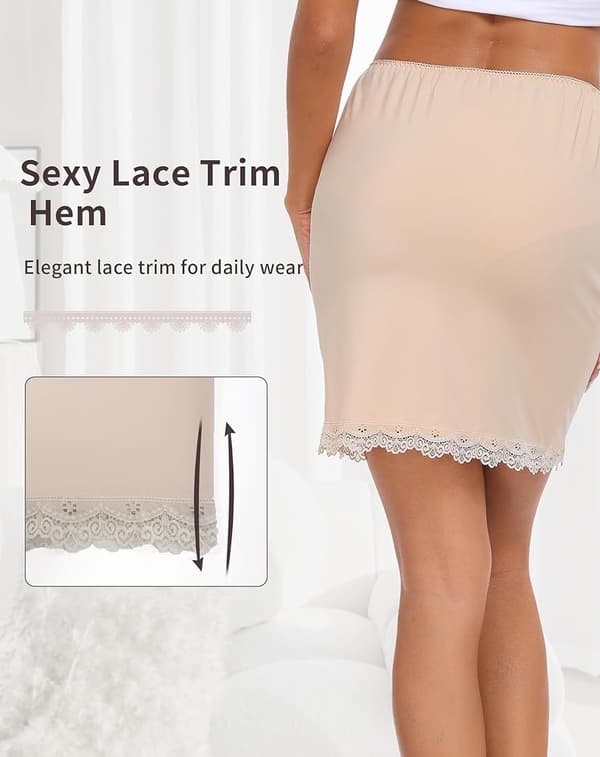 Satin Halv Slip til Kvinder til Under Kjoler Underskørt med Blonder beige S