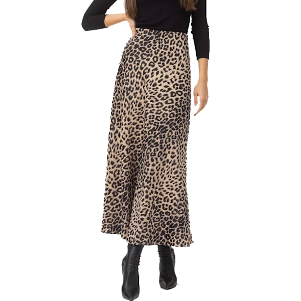 Satin Leopard Print Skjørt Højtaljet Elastisk Talje Langt Skjørt beige M