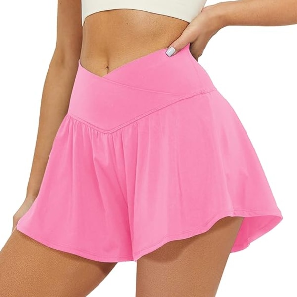 Crossover Athletic Shorts för kvinnor 2 i 1 Flowy löparshorts med fickor Pink M