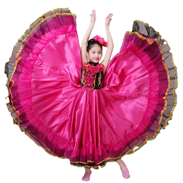 Flickors spanska flamenco-tjurfäktningsdräkt, stor svängkjol rose red 160