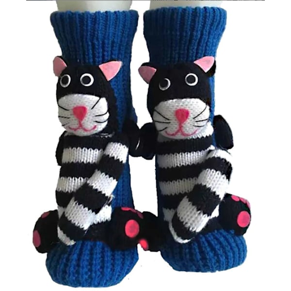 Varm vinterstrumpor för kvinnor med 3D-djurmotiv i juldesign Navy Blue Striped Cat
