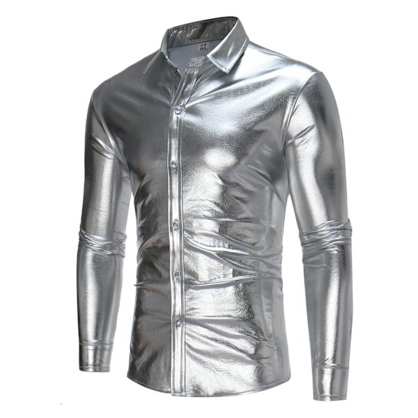 Mænds Skinnende Slim Fit Langærmet Natklubskjorte silver M