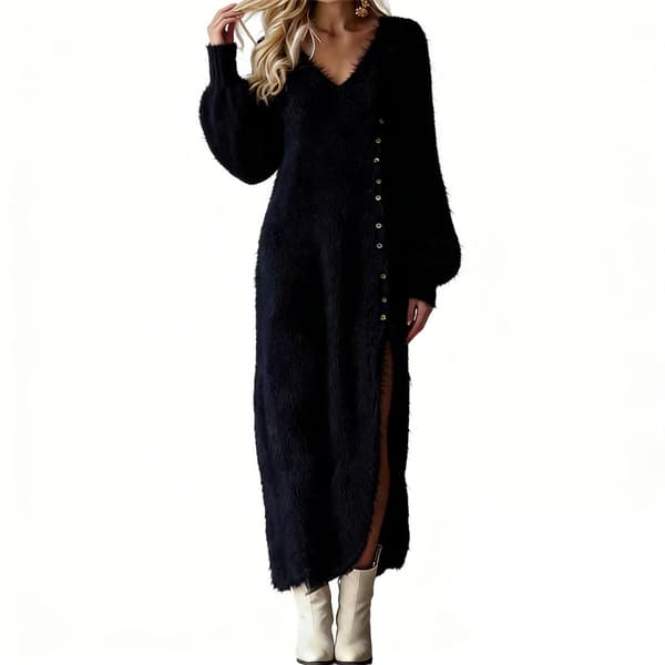 Vinter V-hals Løs Splitt Midi Kjole Elegant Plus Size Dame Black L