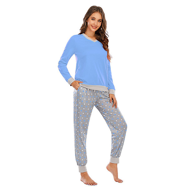 Pyjamassett for kvinner med lange ermer, trykte nattkjoler, myke PJs, loungewear blue M