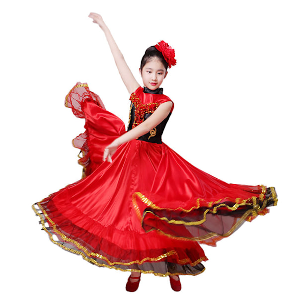 Tyttöjen Espanjalainen Flamenco-Härkätaisteluasu, Iso Heilahtava Mekko red 110