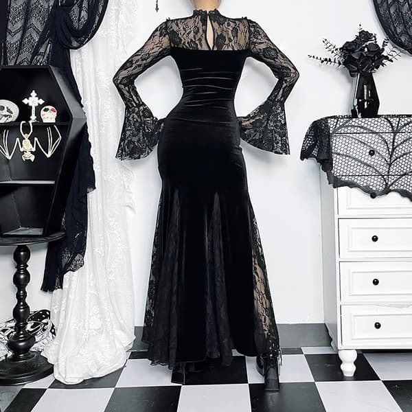 Gotisk Slim Lace Lång Goth Klänning Kläder L