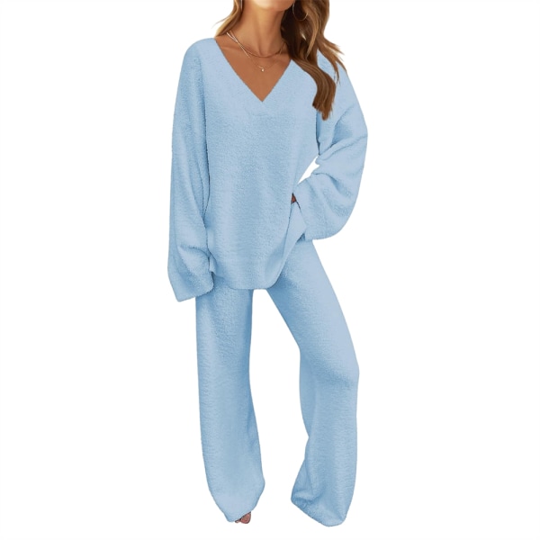 Kvinnors 2-delade outfits Fuzzy Fleece Pyjamas Set Långärmad Loungewear Blue 2XL