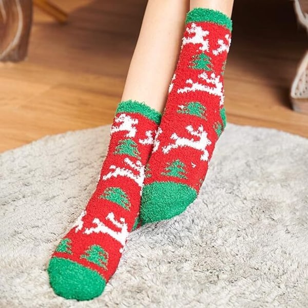 Sherpa anti-sladd strumpor för kvinnor, mysiga Fuzzy Warm Socks Julstrumpor Red & White