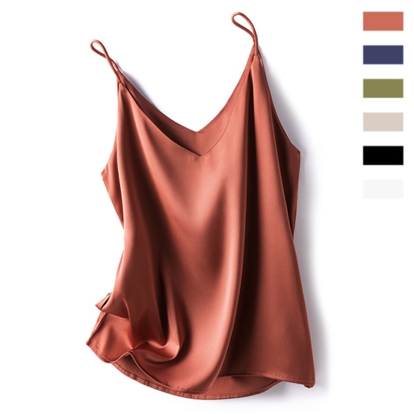 Dam Spaghetti Strap Top Halter V-hals ärmlös satin siden linne Camisole Brick Red 2XL