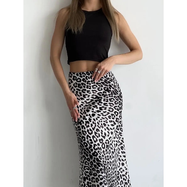 Satin Leopard Print Skjørt Højtaljet Elastisk Talje Langt Skjørt white M