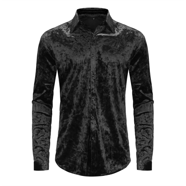 Klänningskjortor för män Sammet långärmade skjortor BLACK S