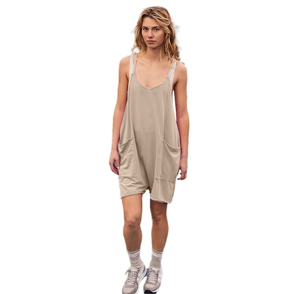 Dam Sommar Casual Ärmlös Romper Lös Jumpsuit khaki 2XL