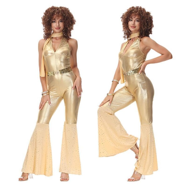 Vintagefest 70-tal 80-tal Hippie Kostymer Cosplay Jumpsuit Karneval Dräkt gold XL