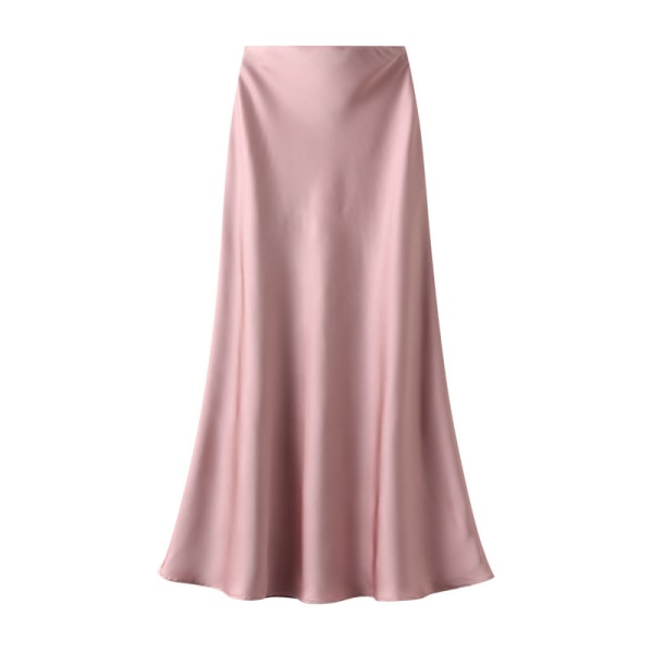 Satin midikjol Långa kjolar med hög midja för kvinnor pink L