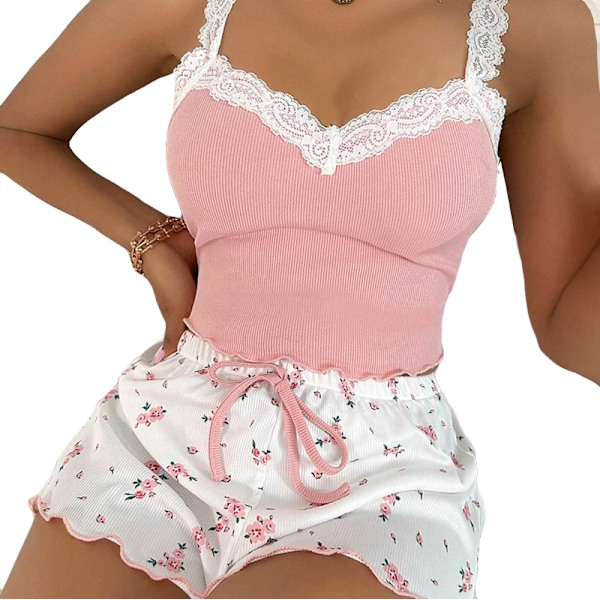 Dam 2-delad pyjamas set nattkläder cami shorts set V-ringad spets nattkläder pink L