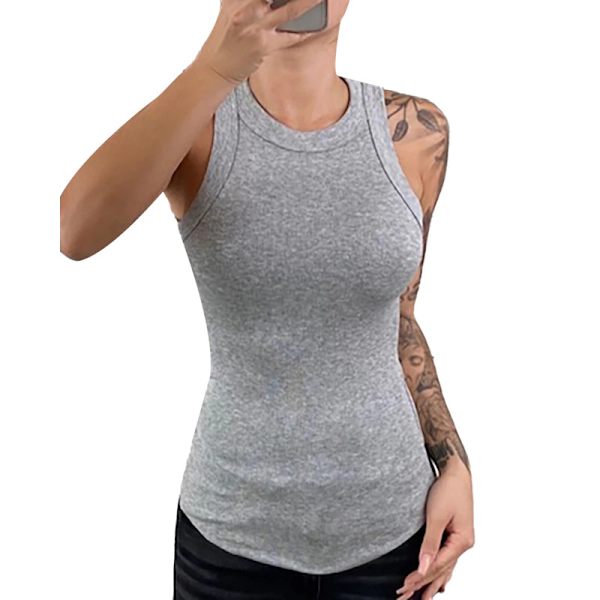 Naisten Yksivärinen Pyöreäkaulainen Ribattu Tank Top Camisole Naisten Kesä O-Kaulainen Tank Top Grey 2XL