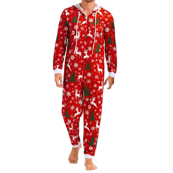 Par-jul Par-jul Julepyjamasæt med Sød Print, Hætte og Lynlås male red 2XL