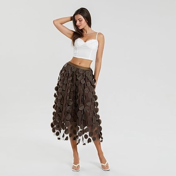 Tulle Skjørt Kvinder 3D Polka Dot Elastisk Talje Mesh Midi Skørter brown