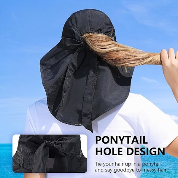 Dam solhatt UV-skydd bred brätte fiskehatt med hästsvanshål nackskydd Black