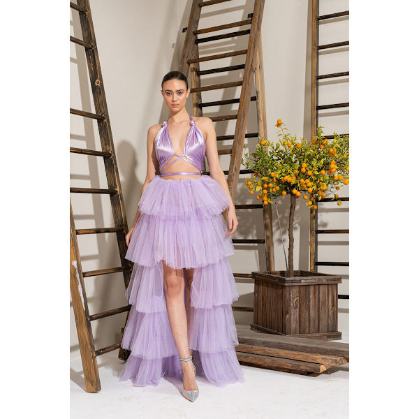 Kvinnors Högmidjade Hög-Låg Lager Tulle Golvlång Kjol purple XL