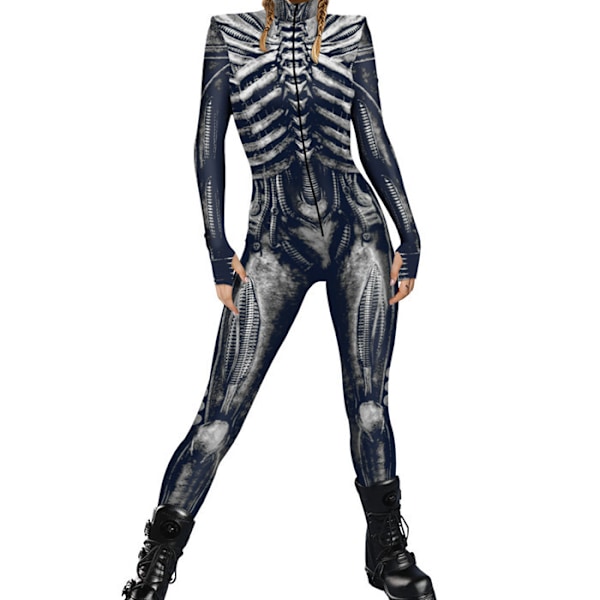 Halloween-kostym för kvinnor, skelett cosplay catsuit jumpsuit black L