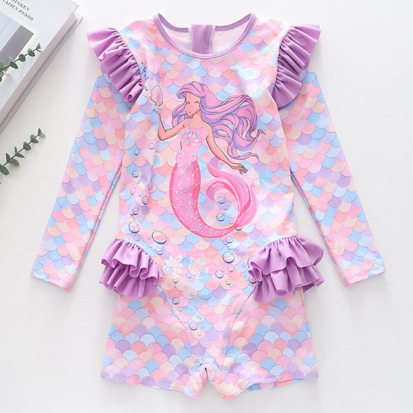 Flickor Mermaid Ruffle Långärmad En Delig Baddräkt med UV-skydd Solskydd Color 5 4XL
