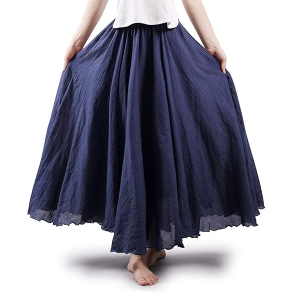 Dam- och flickelastisk midja lång flytande bohemisk bomullscasual maxikjol navy blue 85CM