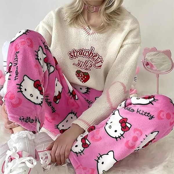 Katt-Cartoon Pyjamasbyxor för Kvinnor Flanell Bekväma Sömnbyxor pink M