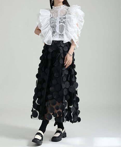 Tulle Skørt Kvinder 3D Polka Dot Mesh Flydende A-Line Midi Skørter black