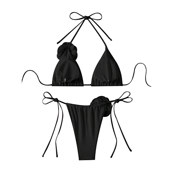 Dam 2-delad 3D Ros Bikini Baddräkt Hög Midja Badkläder Strandkläder Black L