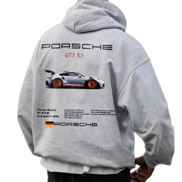 Luvtröja med spårvagnstryck 911 herrar, unisex Oversize Racing Turbo sportbilströja luvtröja Grey 2XL