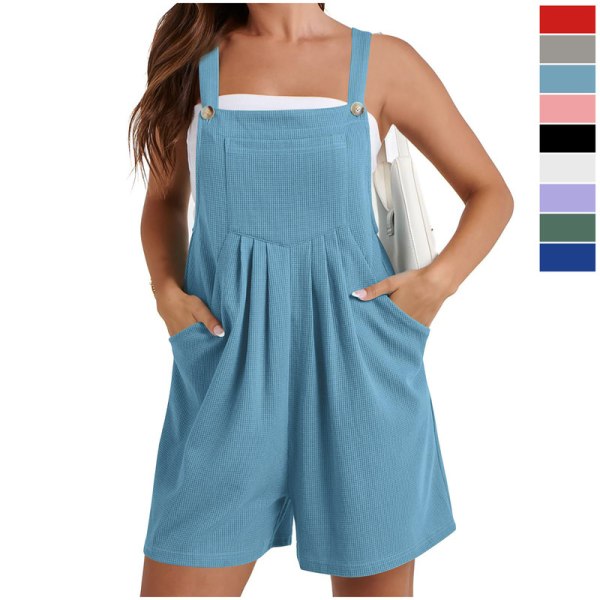 Kvinnors Sommar Casual Rompers Lös Våffel Stickad Korta Overaller Jumpsuit Med Fickor Light Blue 2XL